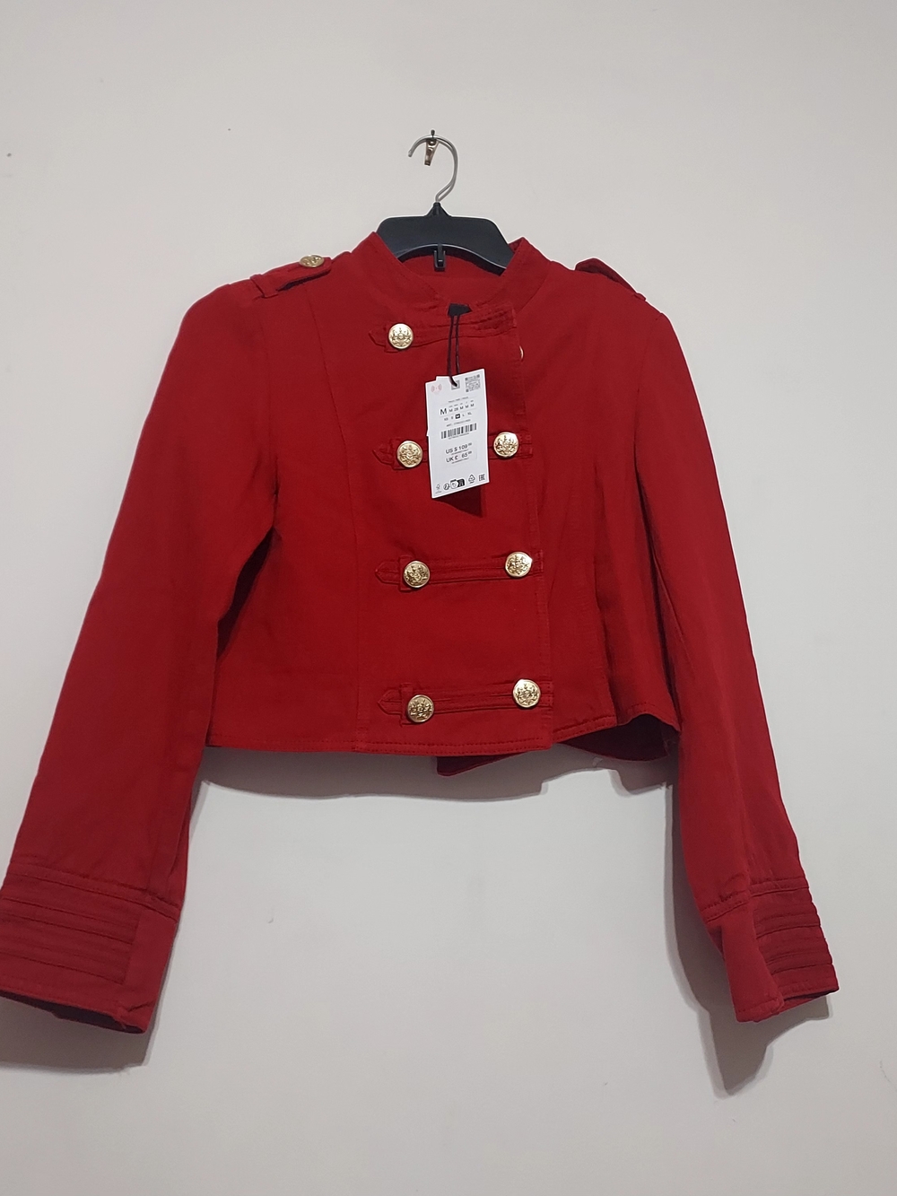 Zara Red Linen Blend Double-Breasted Fitted Cropped Jacket with Gold Buttons M - Picture 9 of 12